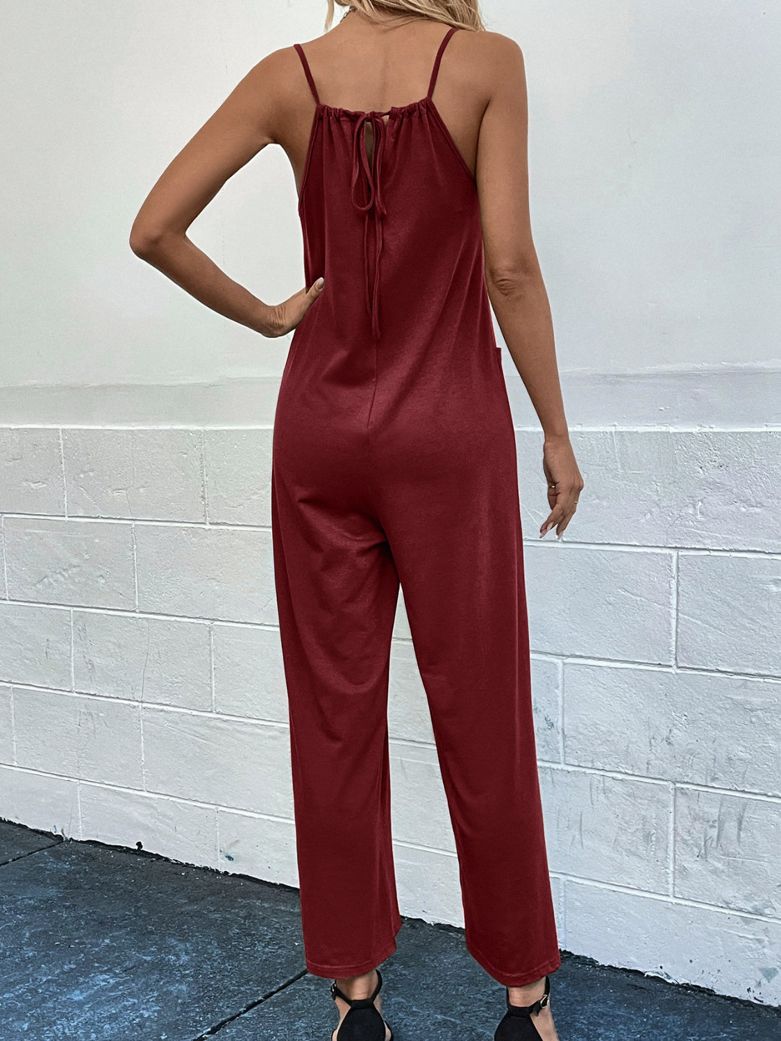 Pocketed Spaghetti Strap Wide Leg Jumpsuit - Flyclothing LLC