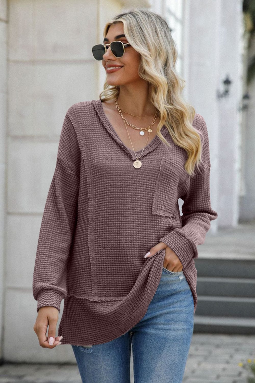 Exposed Seam V-Neck Long Sleeve T-Shirt - Trendsi