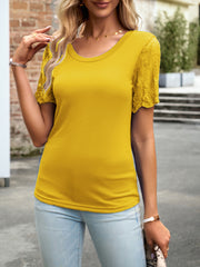 Lace Detail Round Neck Short Sleeve T-Shirt Trendsi