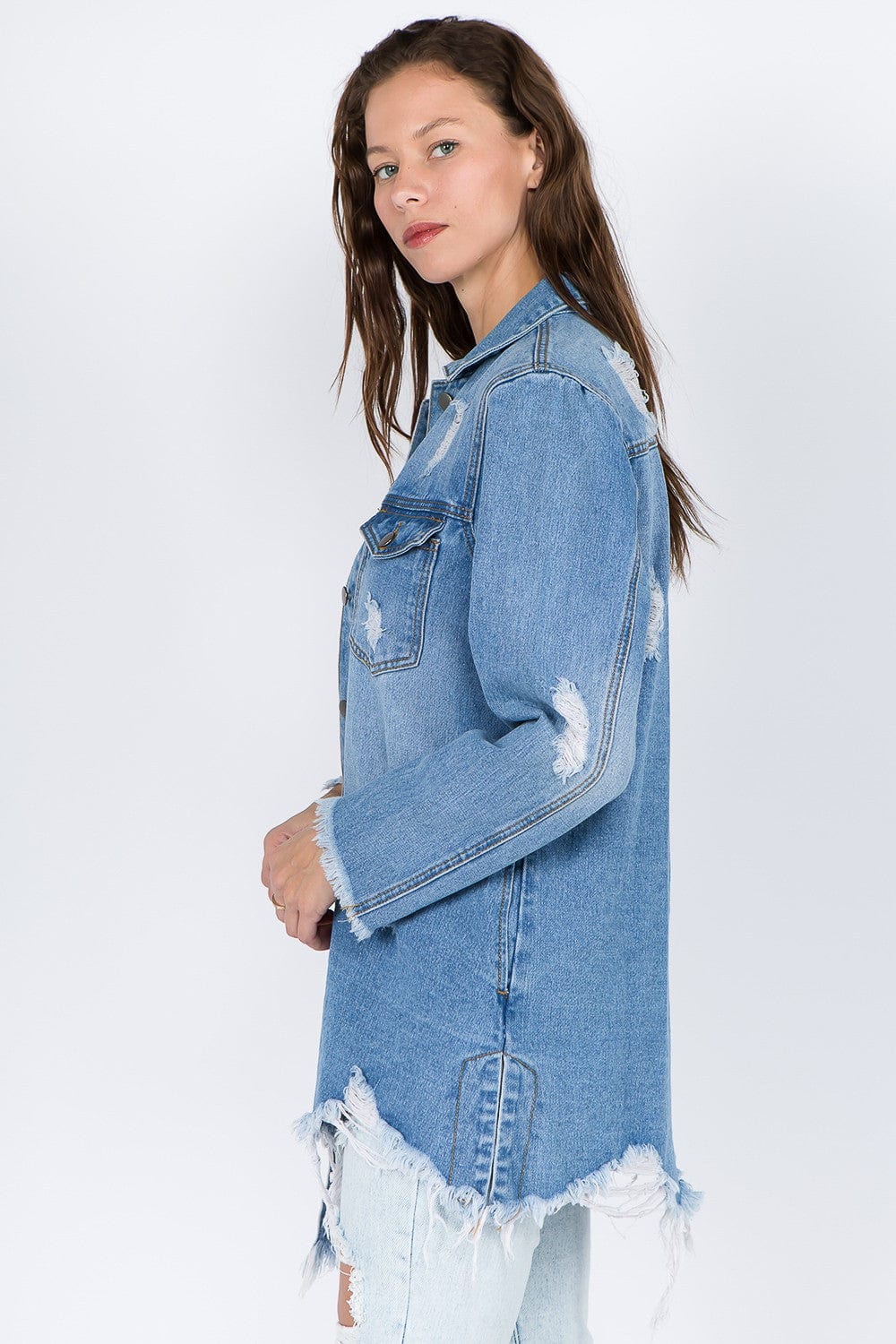 American Bazi Distressed Frayed Hem Denim Jacket - Trendsi