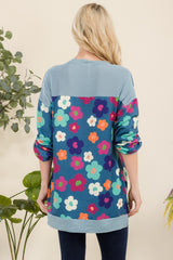 Celeste Full Size Side Slit Flower Print Long Sleeve Top - Trendsi