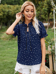 Heart Print Tie Neck Short Sleeve Blouse - Flyclothing LLC