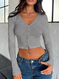 Buttoned V-Neck Long Sleeve T-Shirt - Trendsi