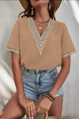 Full Size Lace Detail V-Neck Short Sleeve Blouse Trendsi