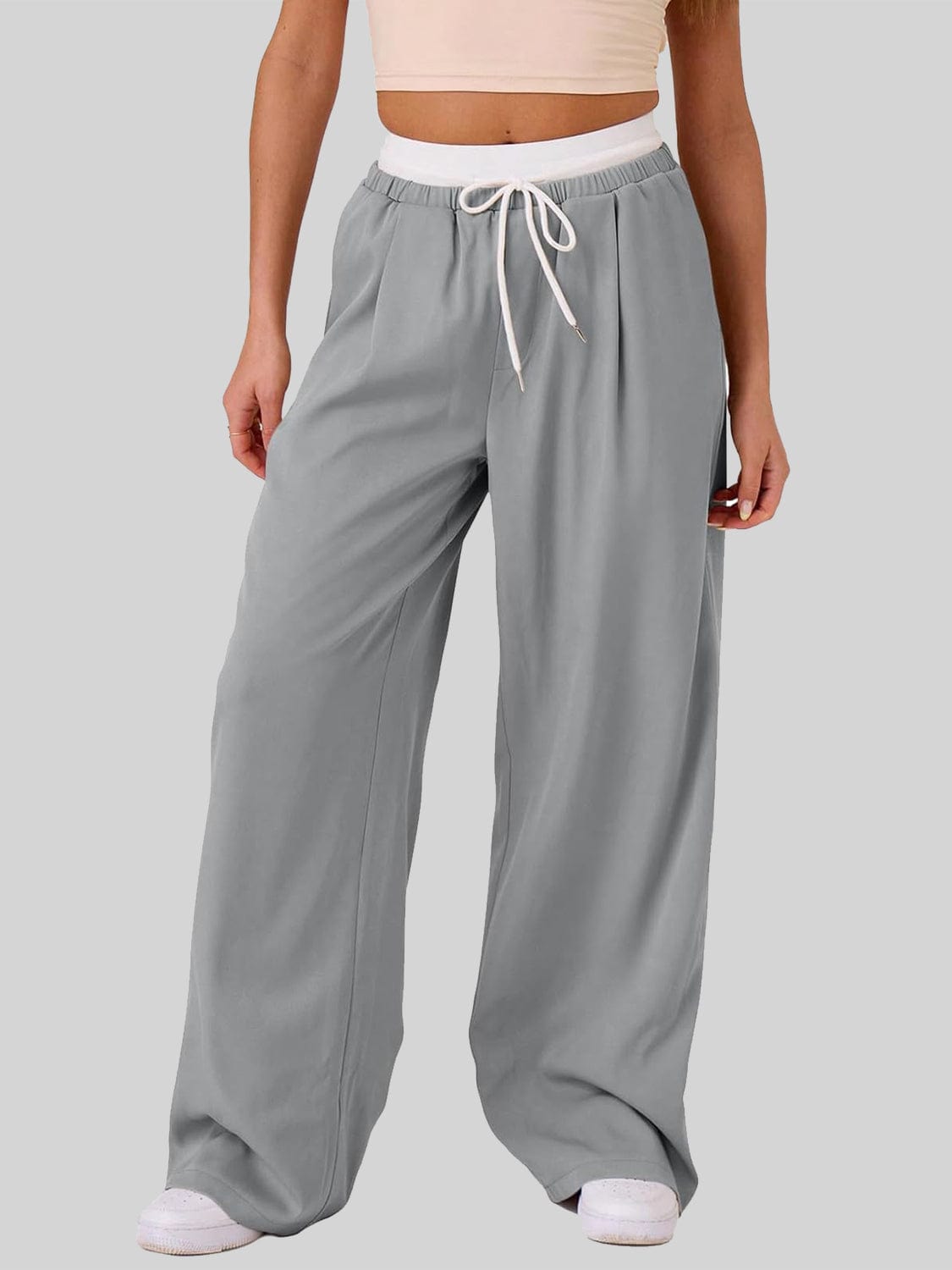 Contrast Waistband Drawstring Wide Leg Pants - Trendsi