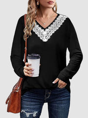 Lace Detail V-Neck Long Sleeve T-Shirt - Trendsi