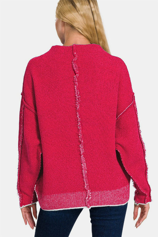 Zenana Exposed Seam Mock Neck Long Sleeve Sweater