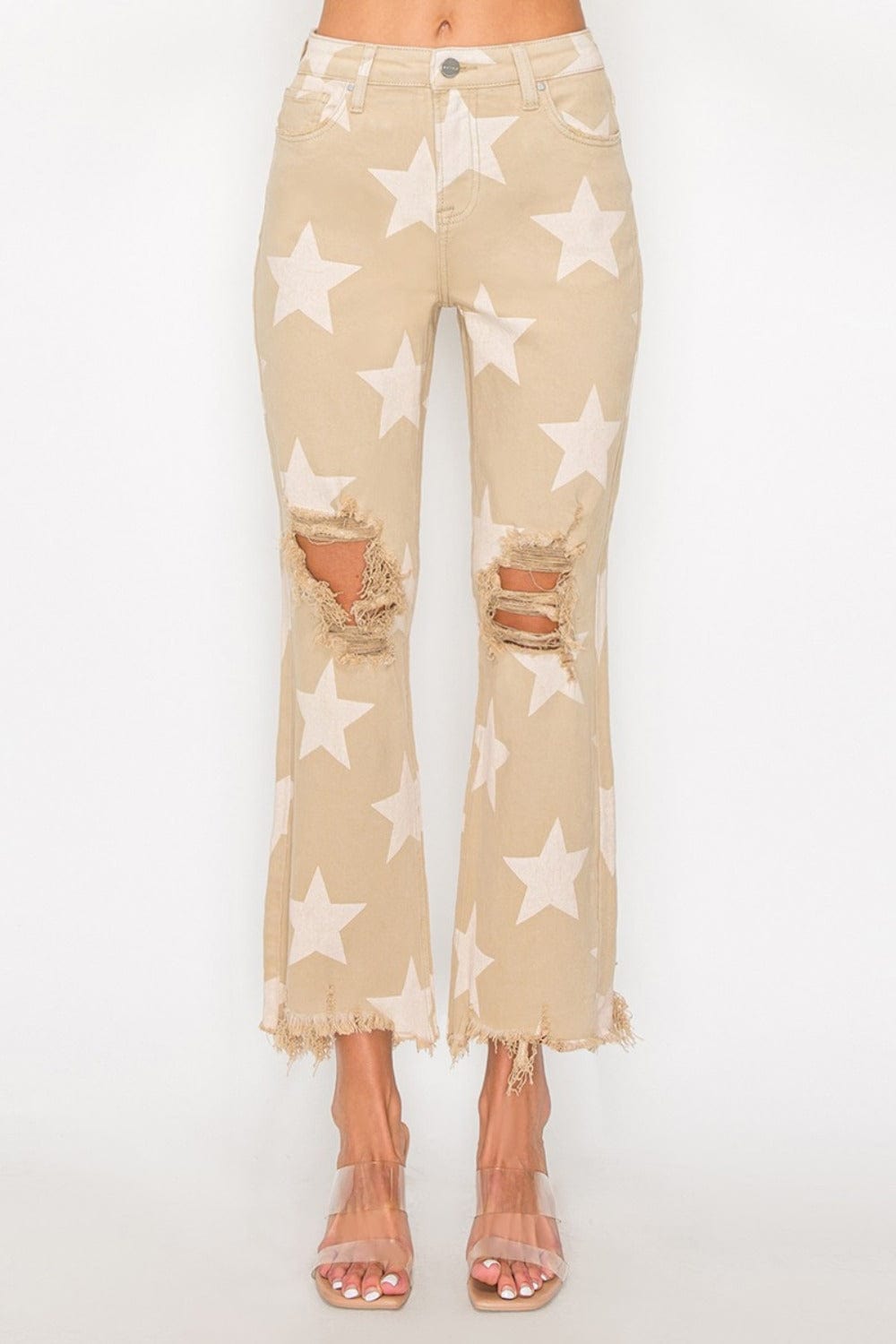 RISEN Full Size High Rise Star Printed Frayed Hem Jeans - Trendsi