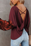 Sequin Crisscross Boat Neck Long Sleeve Blouse