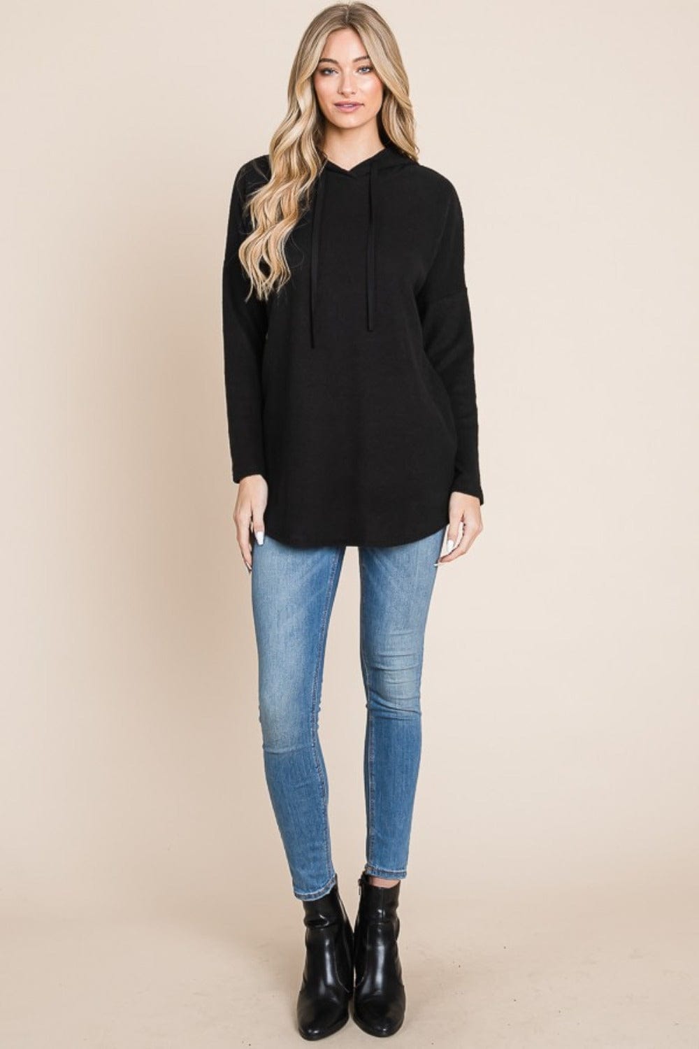 BOMBOM Contrast Drawstring Drop Shoulder Knit Hoodie - Trendsi