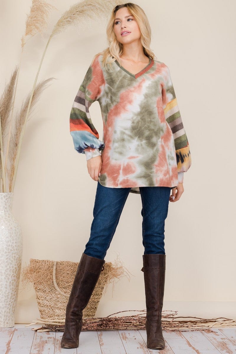 Celeste Full Size Tie-Dye Contrast Striped V-Neck Long Sleeve Blouse - Trendsi