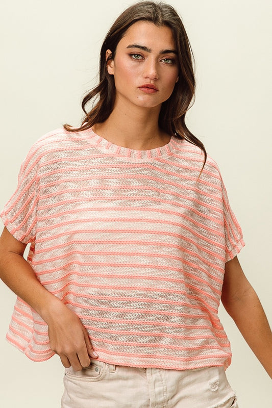 BiBi Braid Striped Short Sleeve Round Neck T-Shirt Trendsi