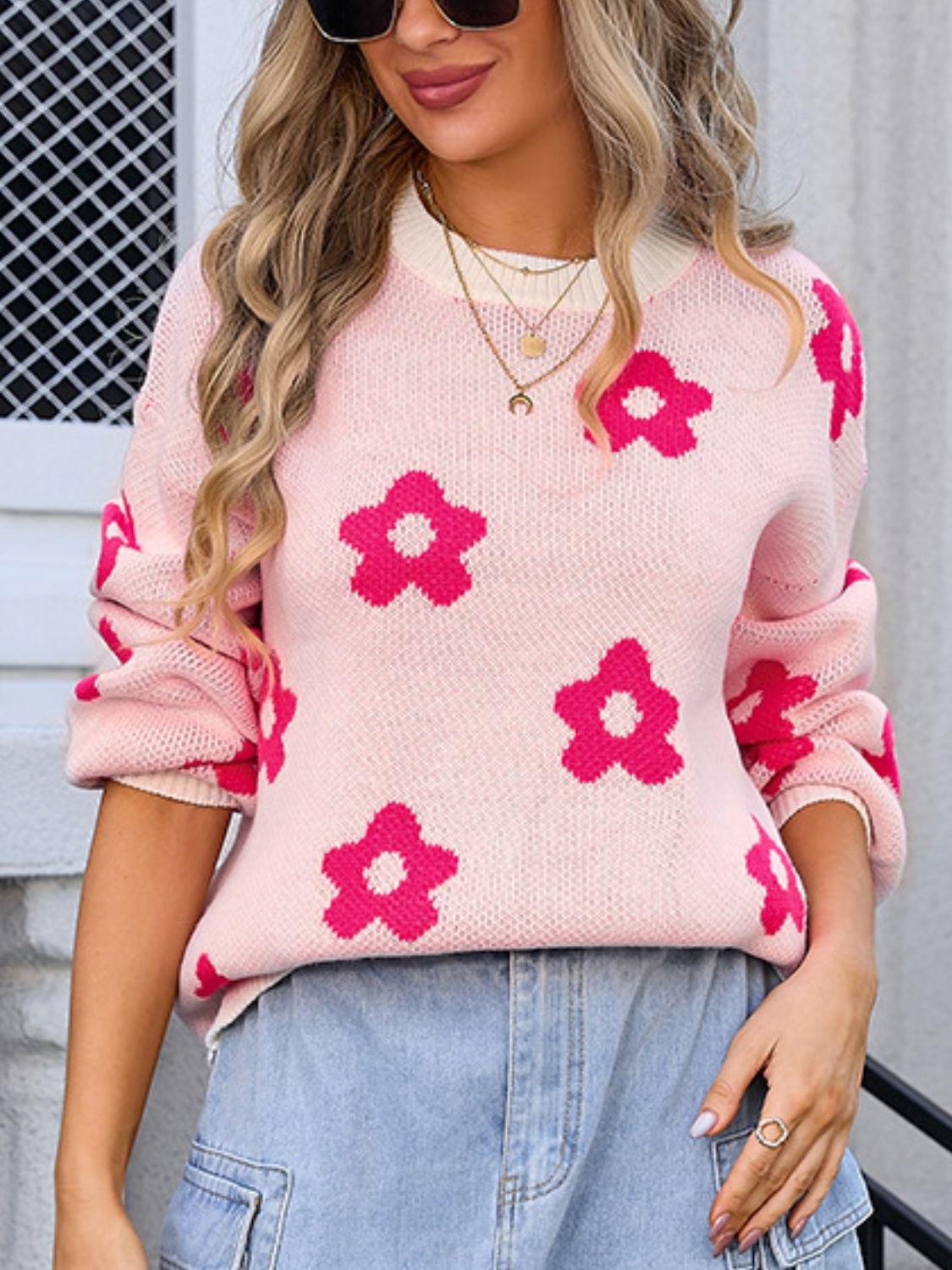 Flower Round Neck Dropped Shoulder Sweater