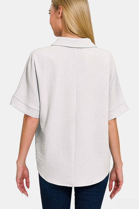 Blusa de manga corta con cuello y textura Zenana