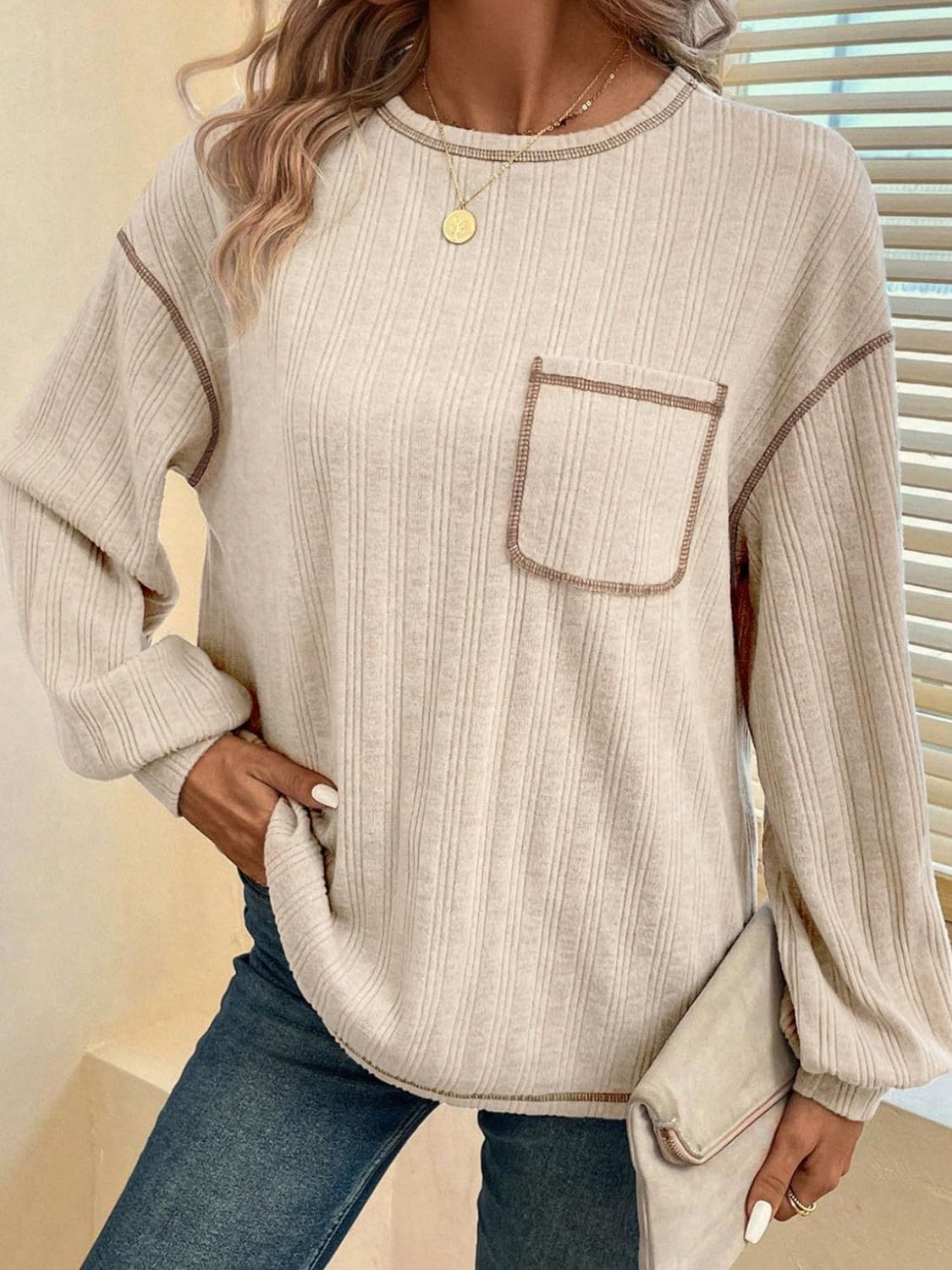 Mandy Contrast Stitching Round Neck Long Sleeve T-Shirt - Trendsi