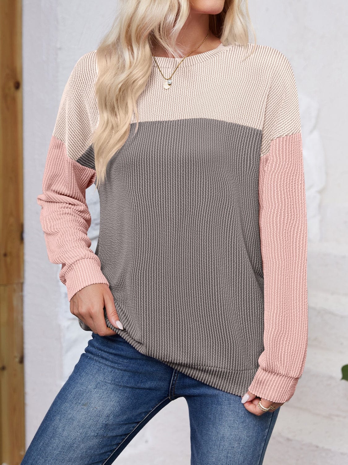 Color Block Round Neck Long Sleeve Sweatshirt - Trendsi