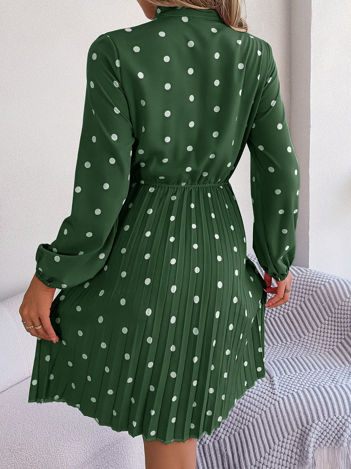 Polka Dot Tie Neck Pleated Dress - Flyclothing LLC