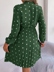 Polka Dot Tie Neck Pleated Dress - Flyclothing LLC