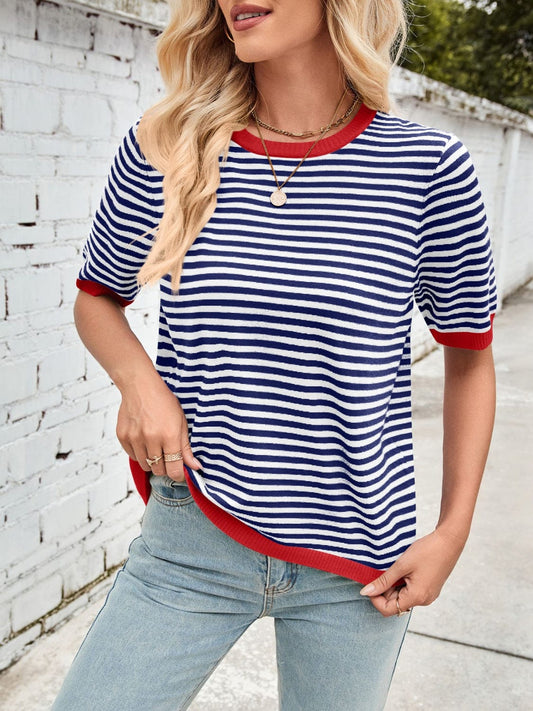 Lovelet Striped Contrast Round Neck Half Sleeve Knit Top - Trendsi