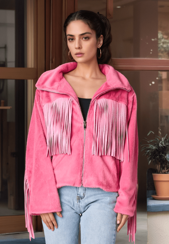 Fringed Zip Up Fleece Jacket - Trendsi