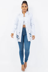 American Bazi Distressed Button Up Long Sleeve Denim Jacket - Trendsi