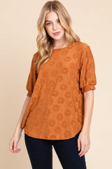 BOMBOM Textured Floral Pattern Top - Trendsi