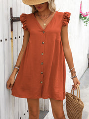 Button Up V-Neck Cap Sleeve Mini Dress Trendsi