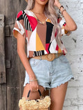 Printed V-Neck Short Sleeve Blouse - Flyclothing LLC