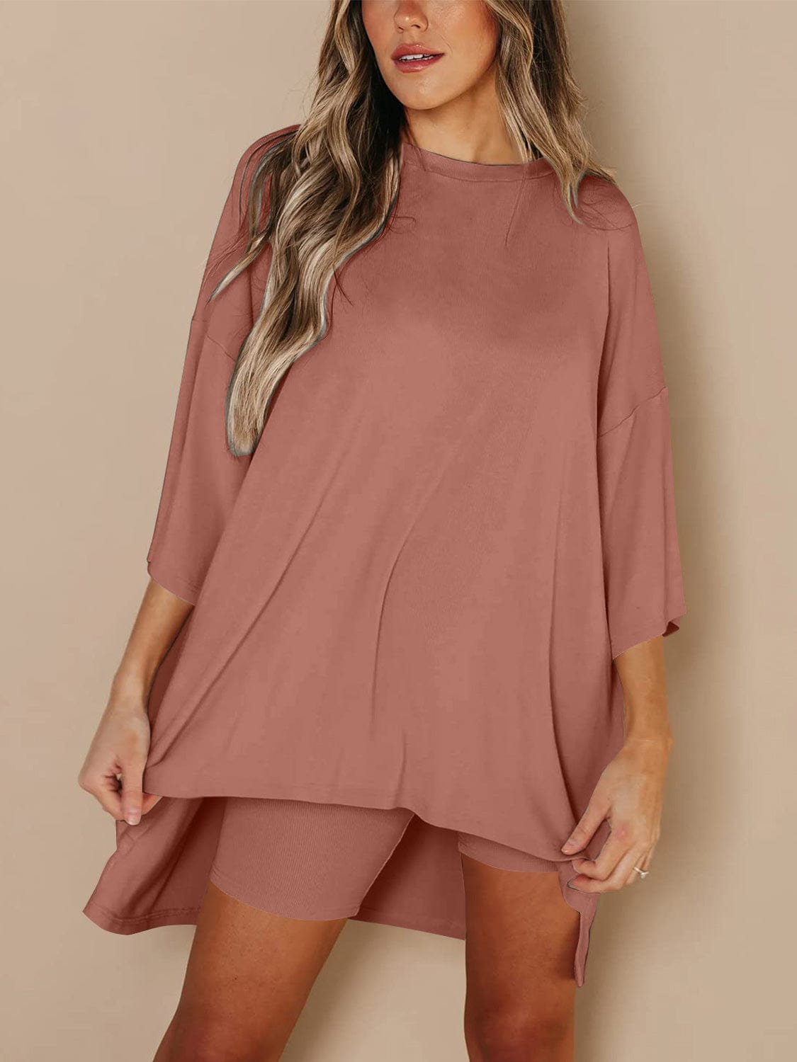 Full Size Round Neck Top and Skinny Shorts Set - Trendsi