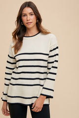 Annie Wear Side Slit Striped Round Neck Sweater