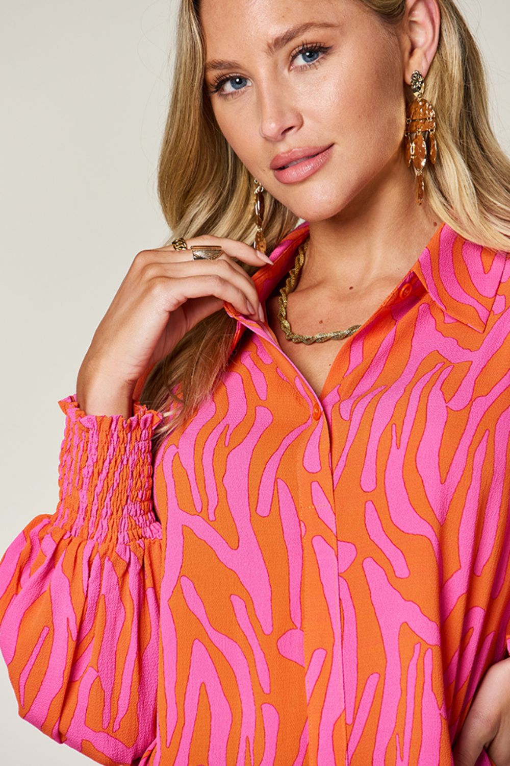 Double Take Full Size Printed Smocked Long Sleeve Blouse - Flyclothing LLC