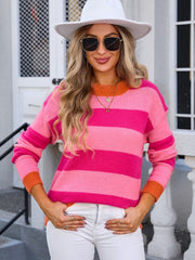 Contrast Striped Round Neck Sweater - Trendsi