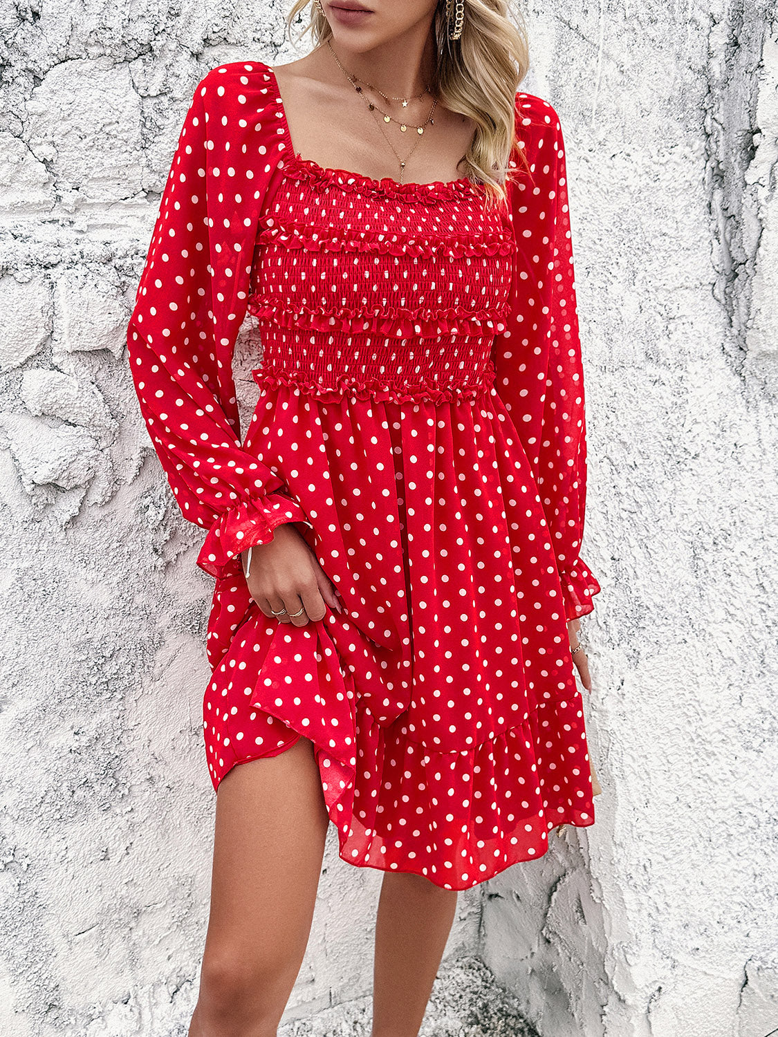 Smocked Polka Dot Long Sleeve Dress - Flyclothing LLC