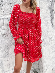 Smocked Polka Dot Long Sleeve Dress - Flyclothing LLC