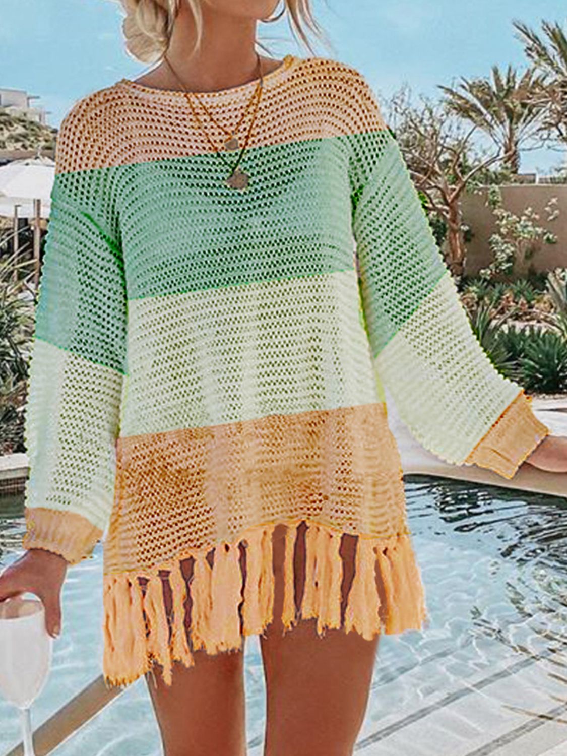 Double Take Openwork Tassel Hem Long Sleeve Knit Cover Up - Flyclothing LLC