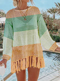 Double Take Openwork Tassel Hem Long Sleeve Knit Cover Up - Flyclothing LLC