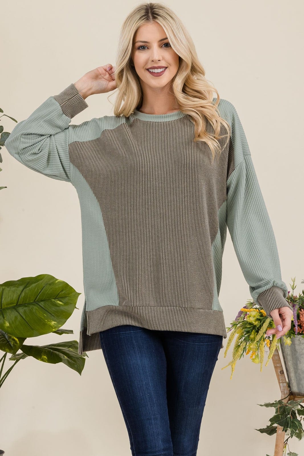 Celeste Full Size High-Low Contrast Round Neck Sweatshirt - Trendsi