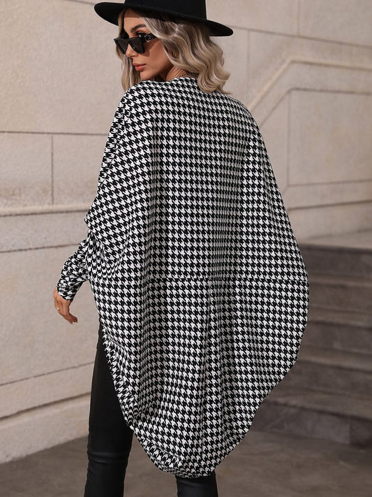 Houndstooth Open Front Batwing Sleeve Cardigan - Trendsi