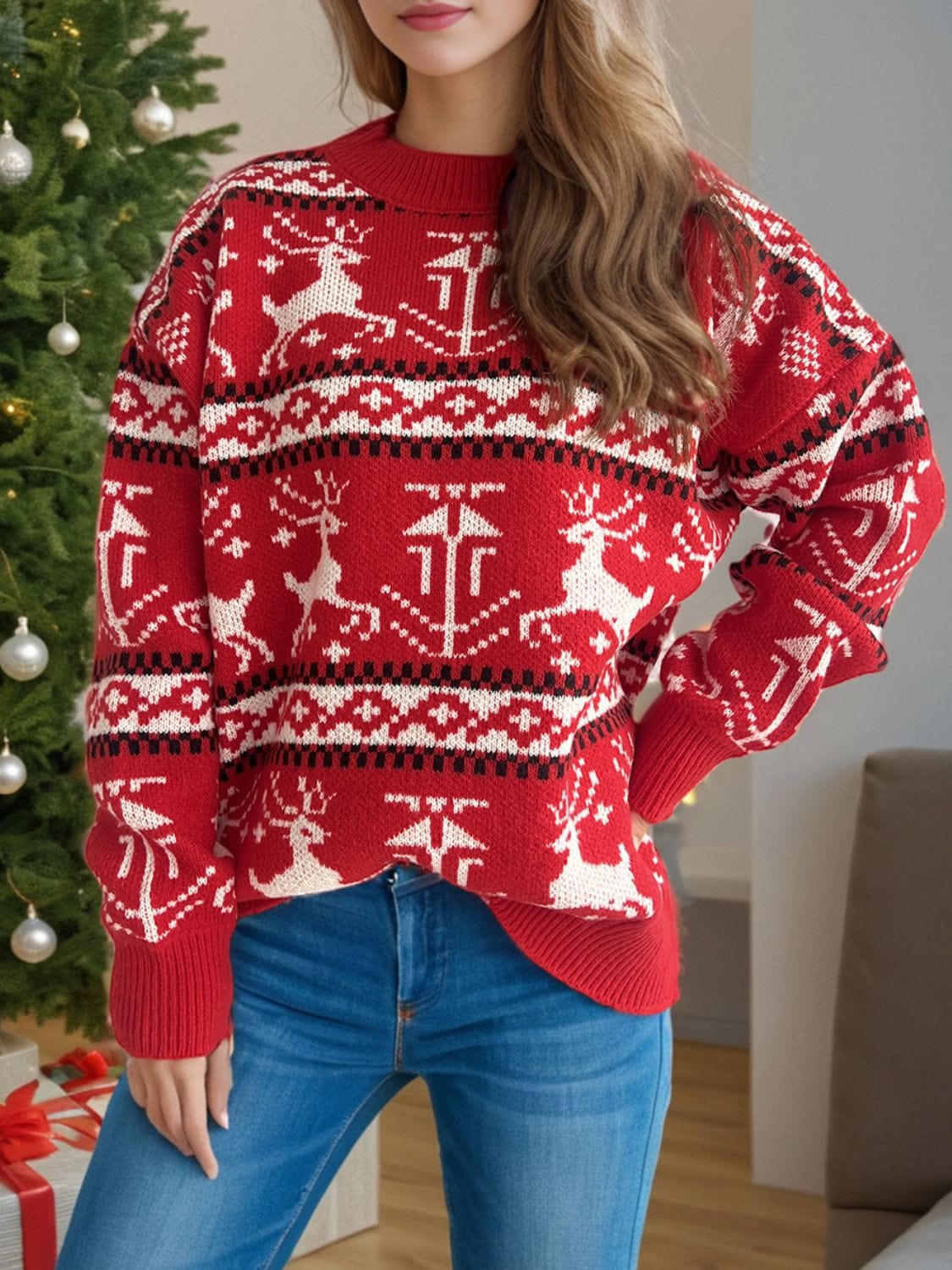 Christmas Element Round Neck Long Sleeve Sweater - Trendsi