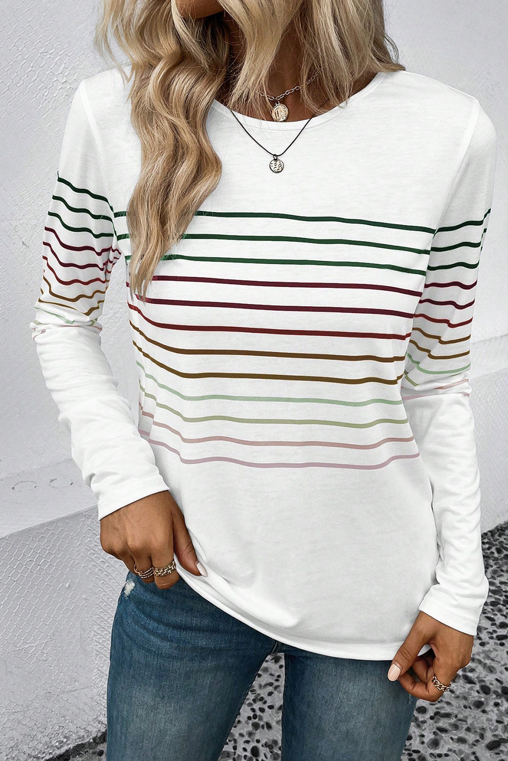 Striped Round Neck Long Sleeve T-Shirt - Flyclothing LLC