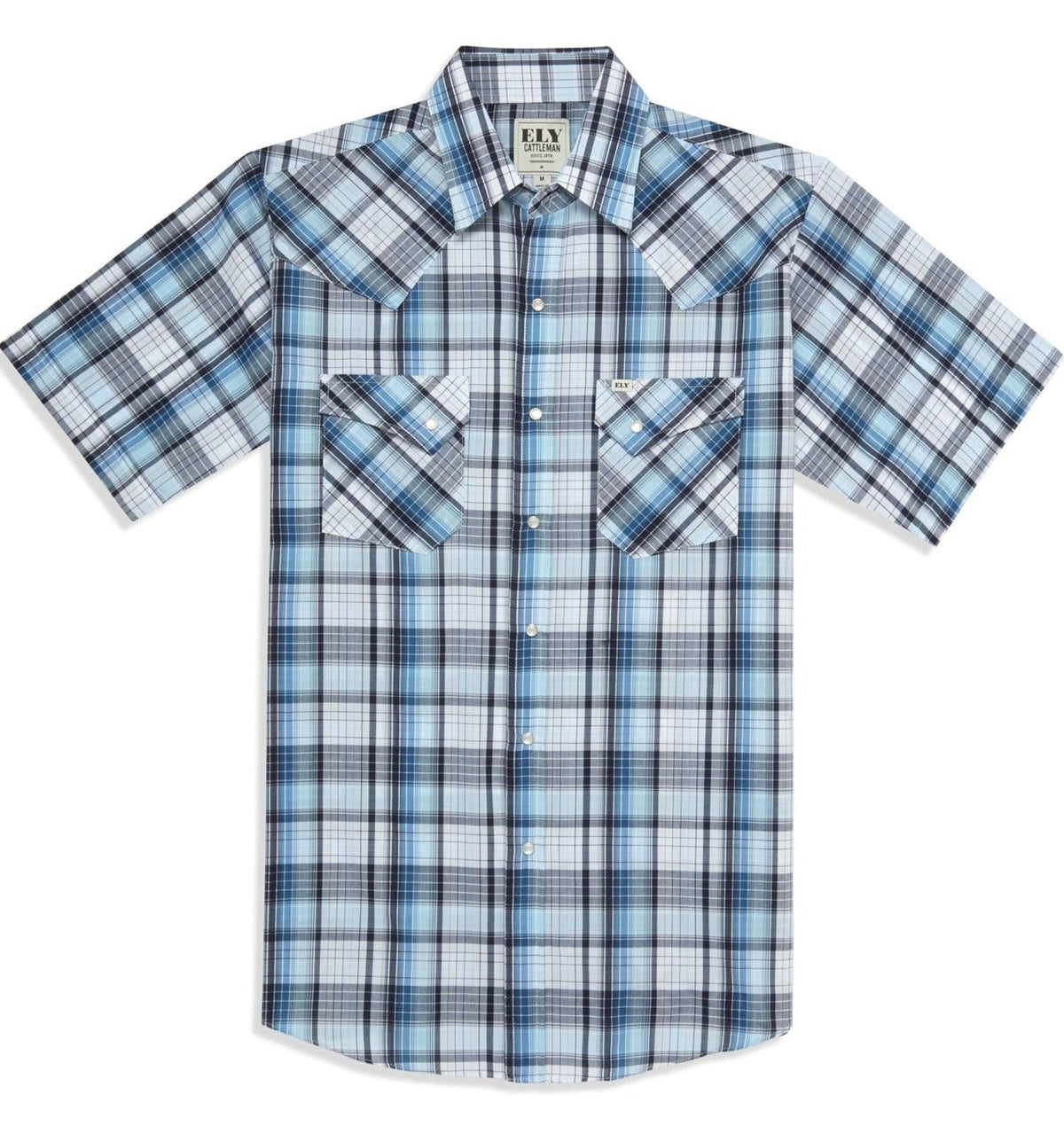 Men's Ely Cattleman Short Sleeve Plaid Western Snap Shirt- Brown & Blue Ely Cattleman