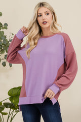 Celeste Full Size High-Low Contrast Round Neck Sweatshirt - Trendsi