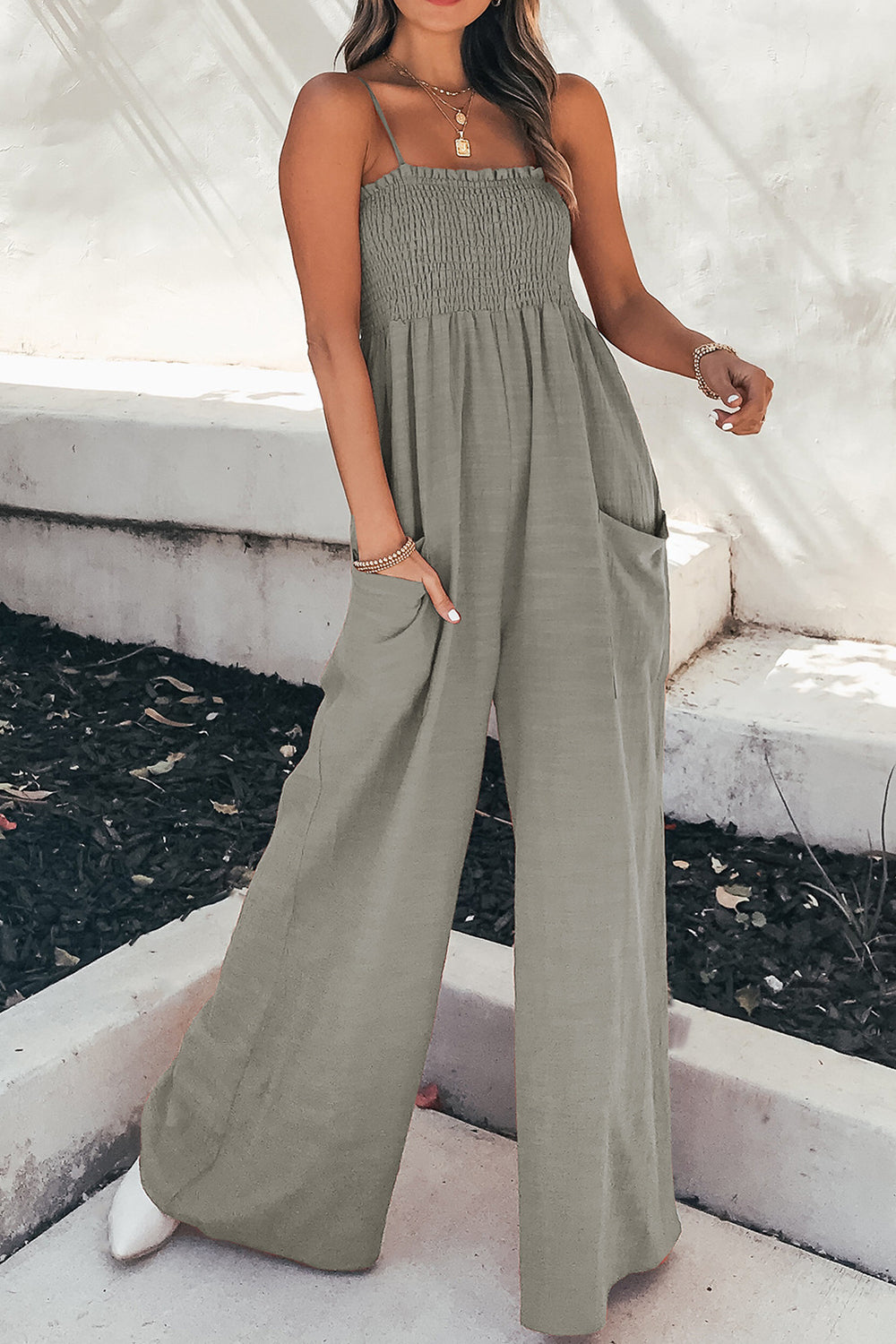 Smocked Spaghetti Strap Wide Leg Jumpsuit - Flyclothing LLC