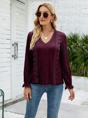 Lace V-Neck Flounce Sleeve Blouse - Flyclothing LLC