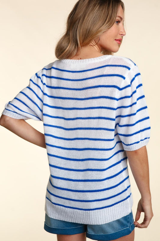 Haptics Letter Embroidery Striped Knit Top Trendsi