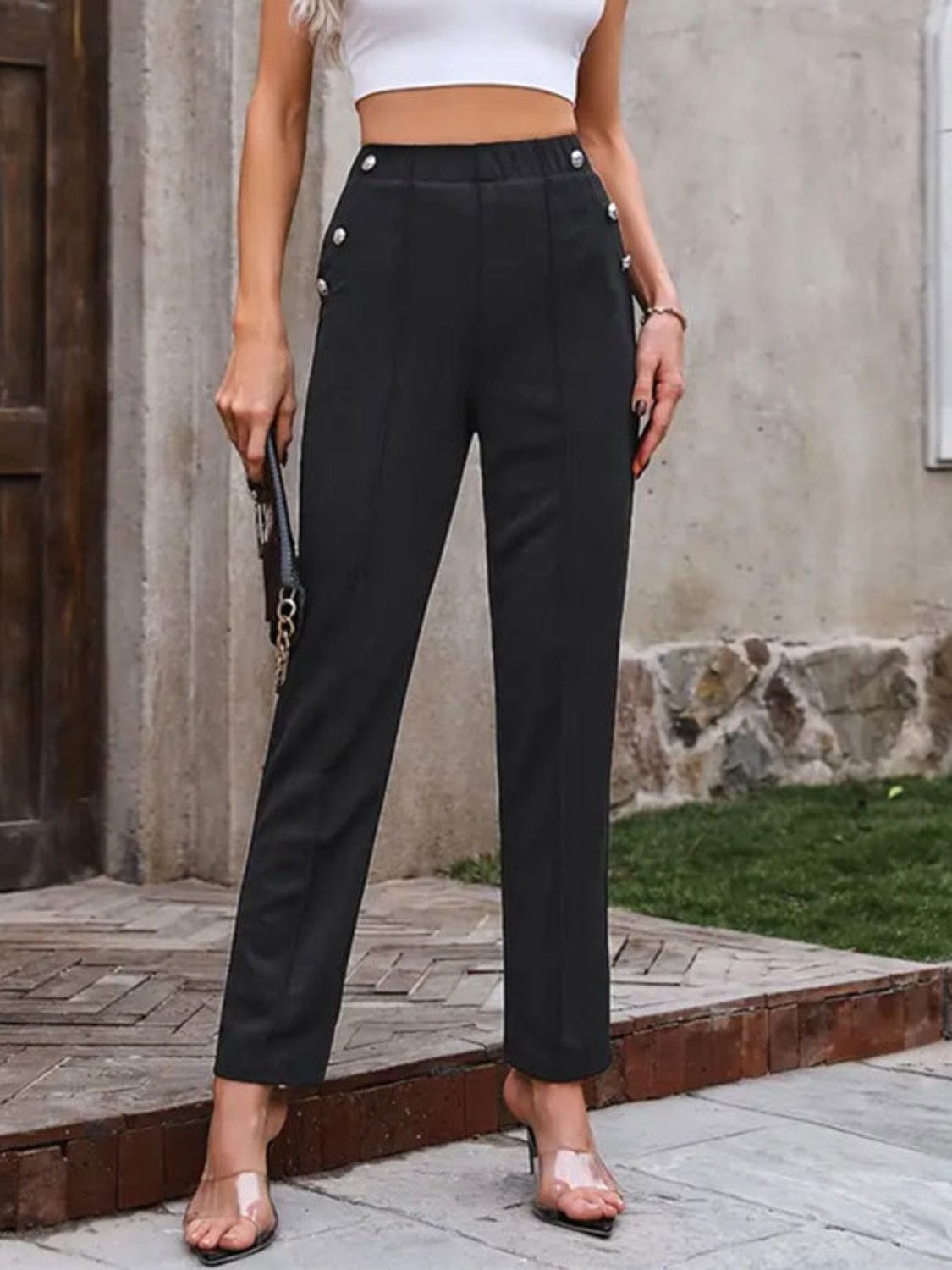 Decorative Button Elastic Waist Pants - Trendsi