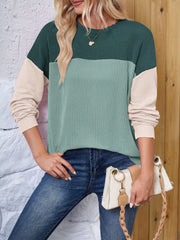 Color Block Round Neck Long Sleeve Sweatshirt - Trendsi