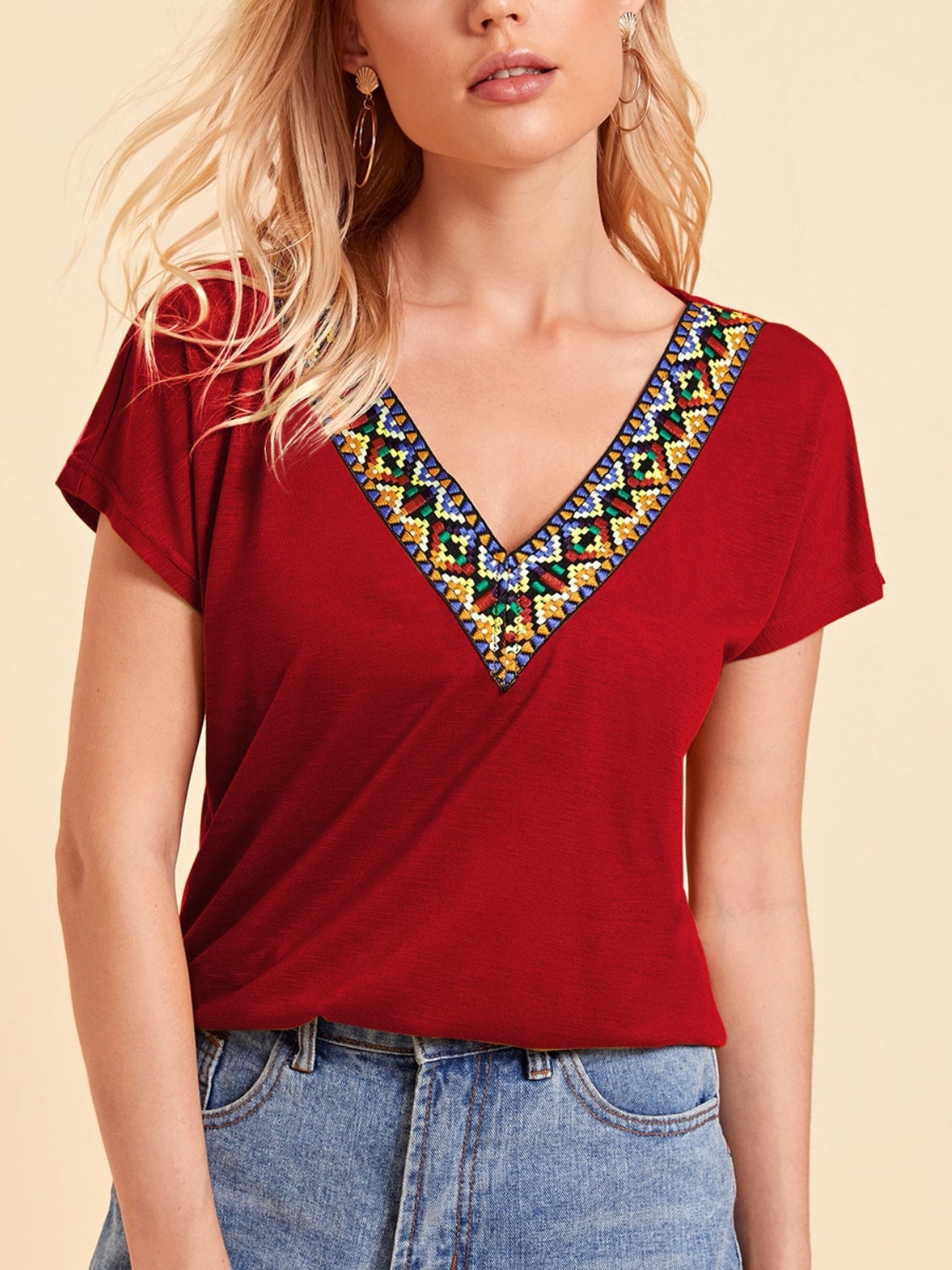 V-Neck Short Sleeve T-Shirt Trendsi