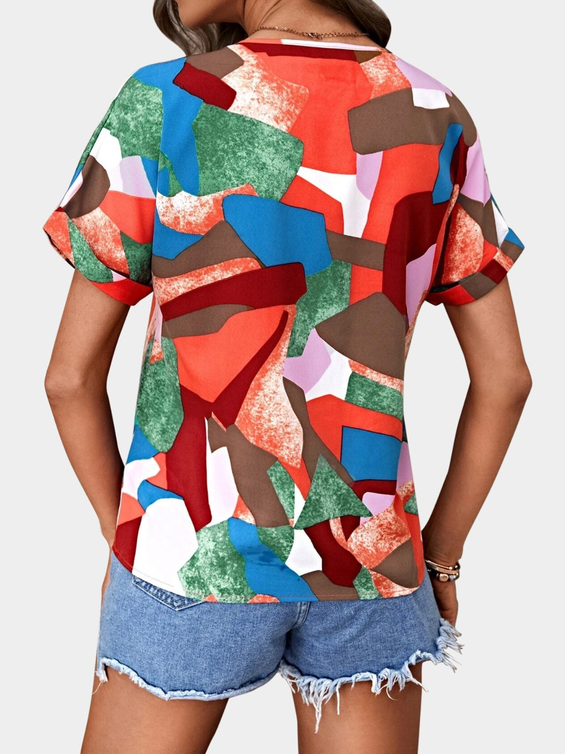 Printed V-Neck Short Sleeve Blouse - Flyclothing LLC