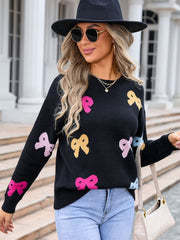 Bow Graphic Round Neck Long Sleeve Sweater - Trendsi